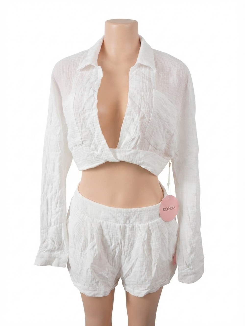 Azura White Crinkle Cotton Crop Shirt & Shorts Lounge Set